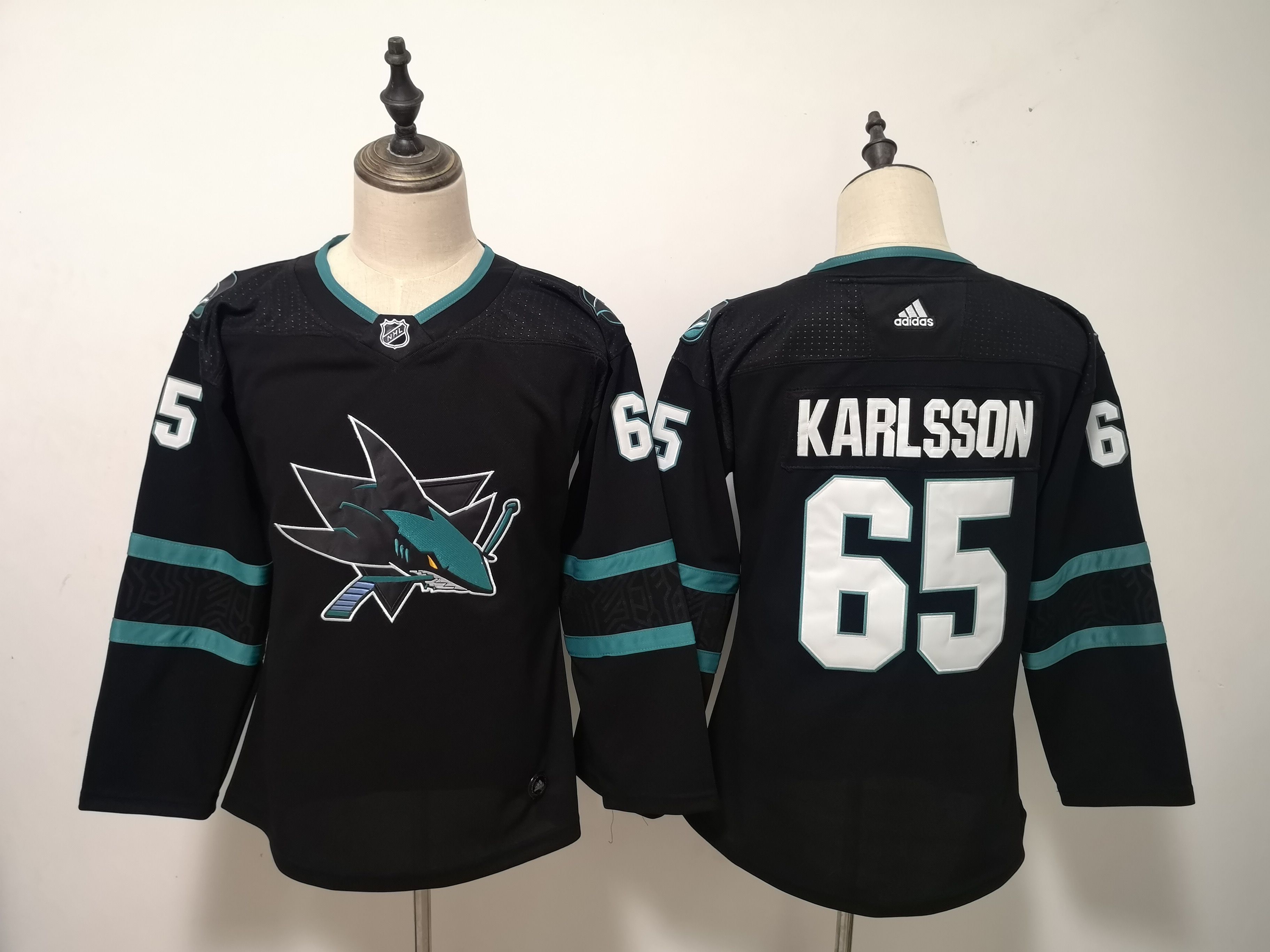 Women San Jose Sharks 65 Karlsson Black Adidas Stitched NHL Jersey